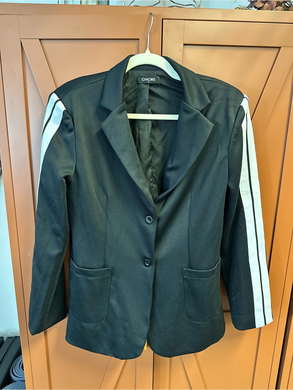 chicme Black Blazer with White Sleeve Stripes
